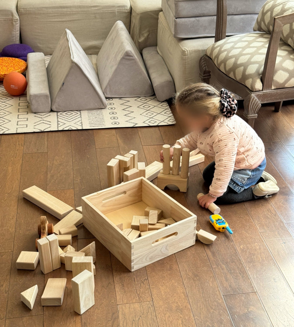 Niña jugando sola con sus juguetes en el living